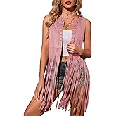 HOTOUCH Women Fringe Vest 70s Hippie Faux Suede Sleeveless Tassels Cardigan Cowgirl Western Tops