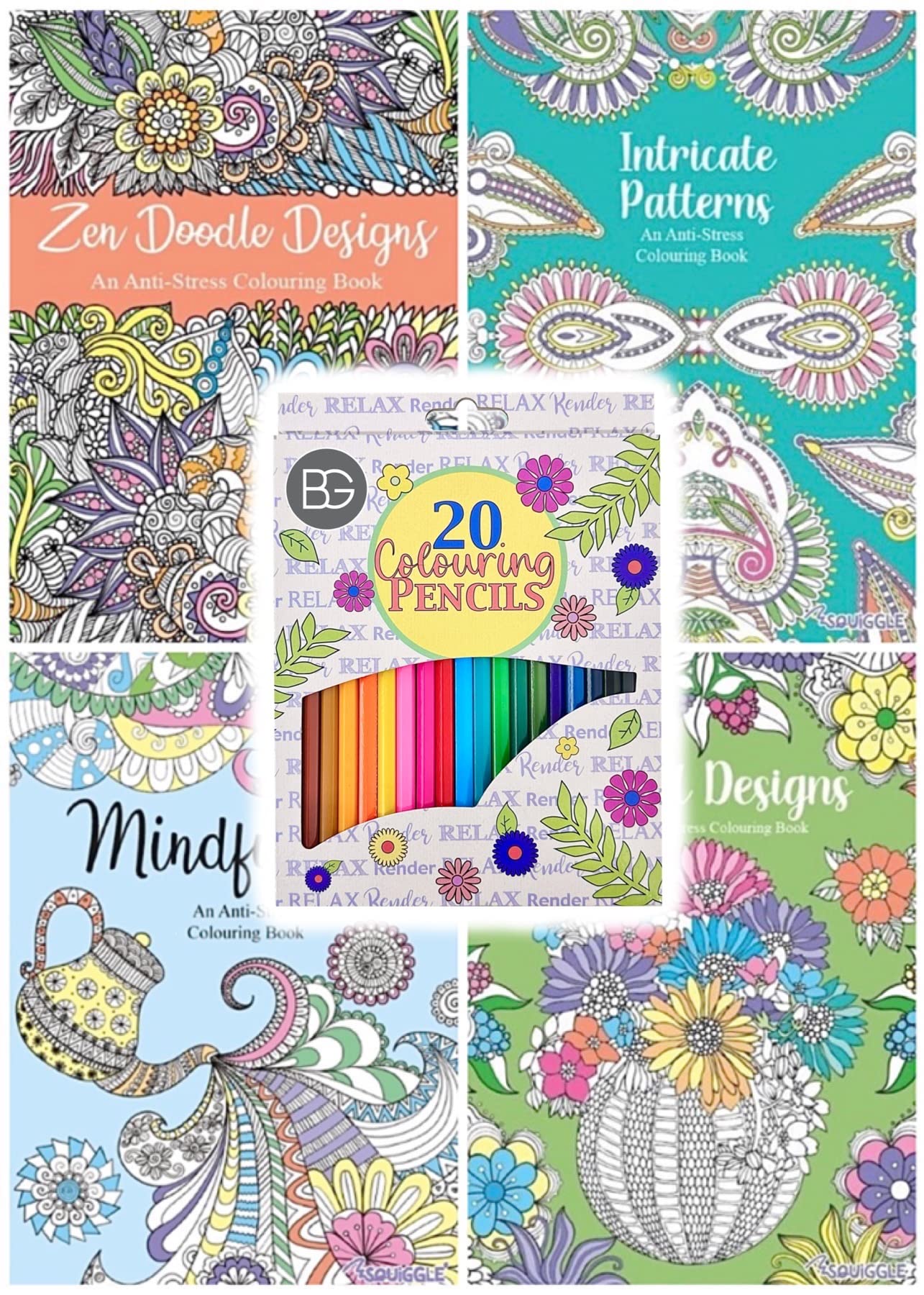 BG Colour Therapy Anti-Stress Adult Colouring Books Set of 4 + 20 Premium Colouring Pencils - Choose Your Set (SET 3)