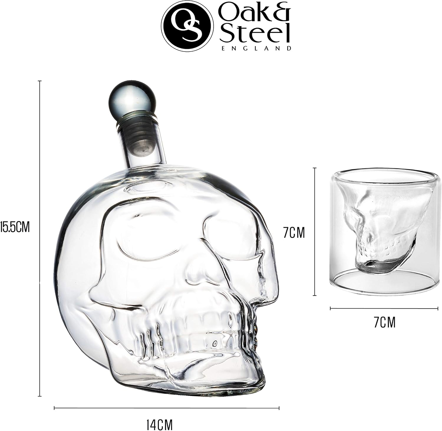 Oak & Steel, Skull Glass Decanter and 6 Skull Glass Shot Glasses, Premium Wine and Whiskey Dispenser - Image 4