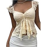 MakeMeChic Women's Floral Lace Cap Sleeve Tee Shirt Sweetheart Neck Ruffle Tiered Summer Crop Top