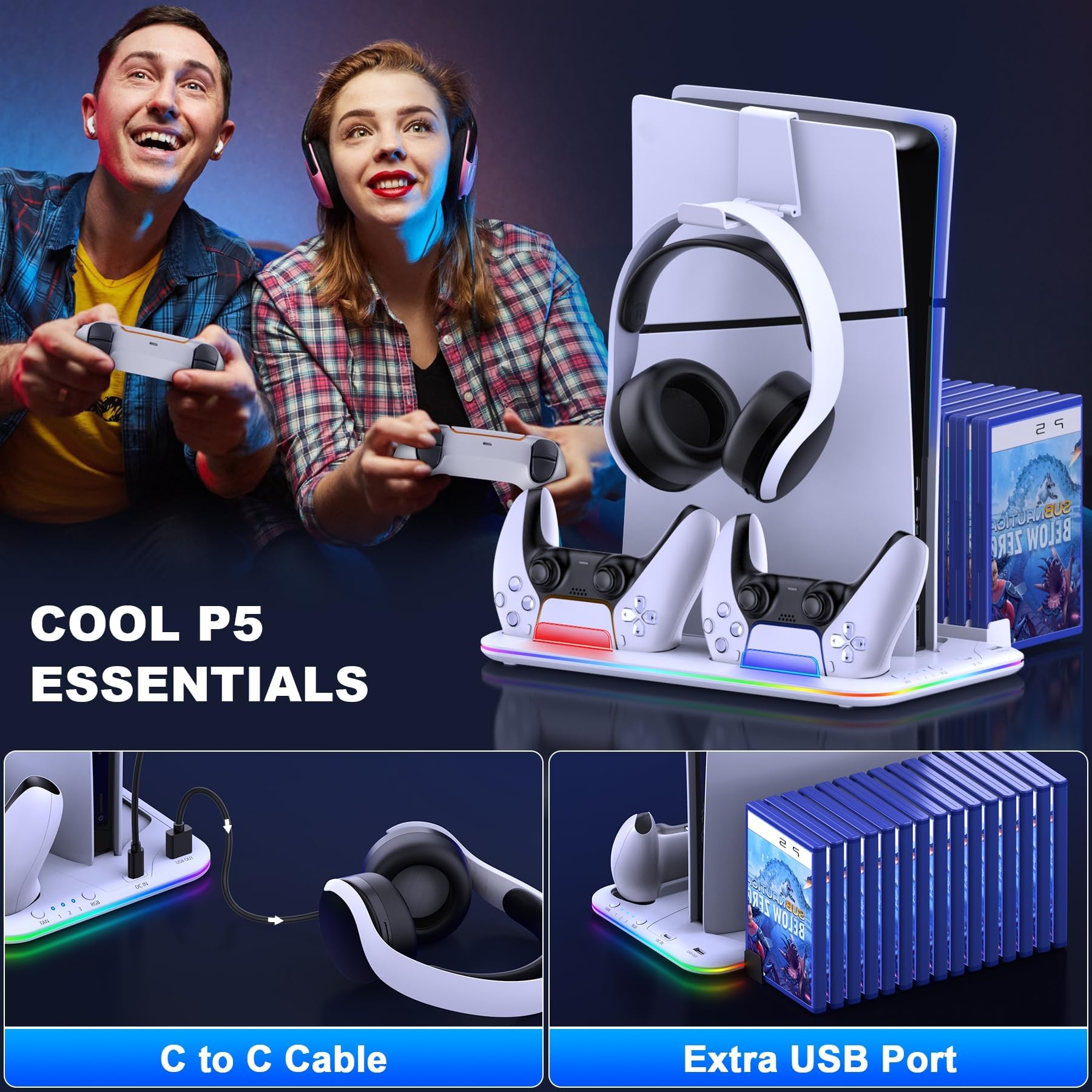 DINOSTRIKE PS5 Slim Stand and Cooling Station for Playstation 5 Slim Disc Digital Consoles,RGB PS5 Controller Charger with Cooling Fan, PS5 Cooling Base PS5 Stand Vertical Headset Holder 15 Game Slots