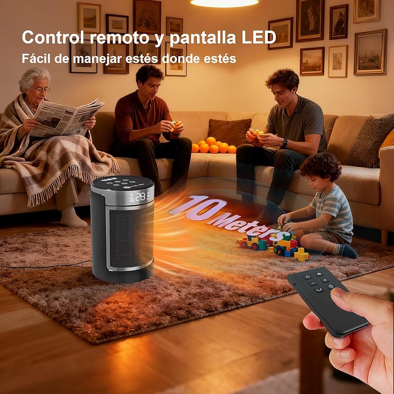 Calefactor Bajo Consumo PTC de 1500 W Con Ventilador y Ahorro de Energía, Control Remoto, Protección Contra, Oscilación de 70°, Sobrecalentamiento y Vuelco, Temporizador de 1 a 24 h