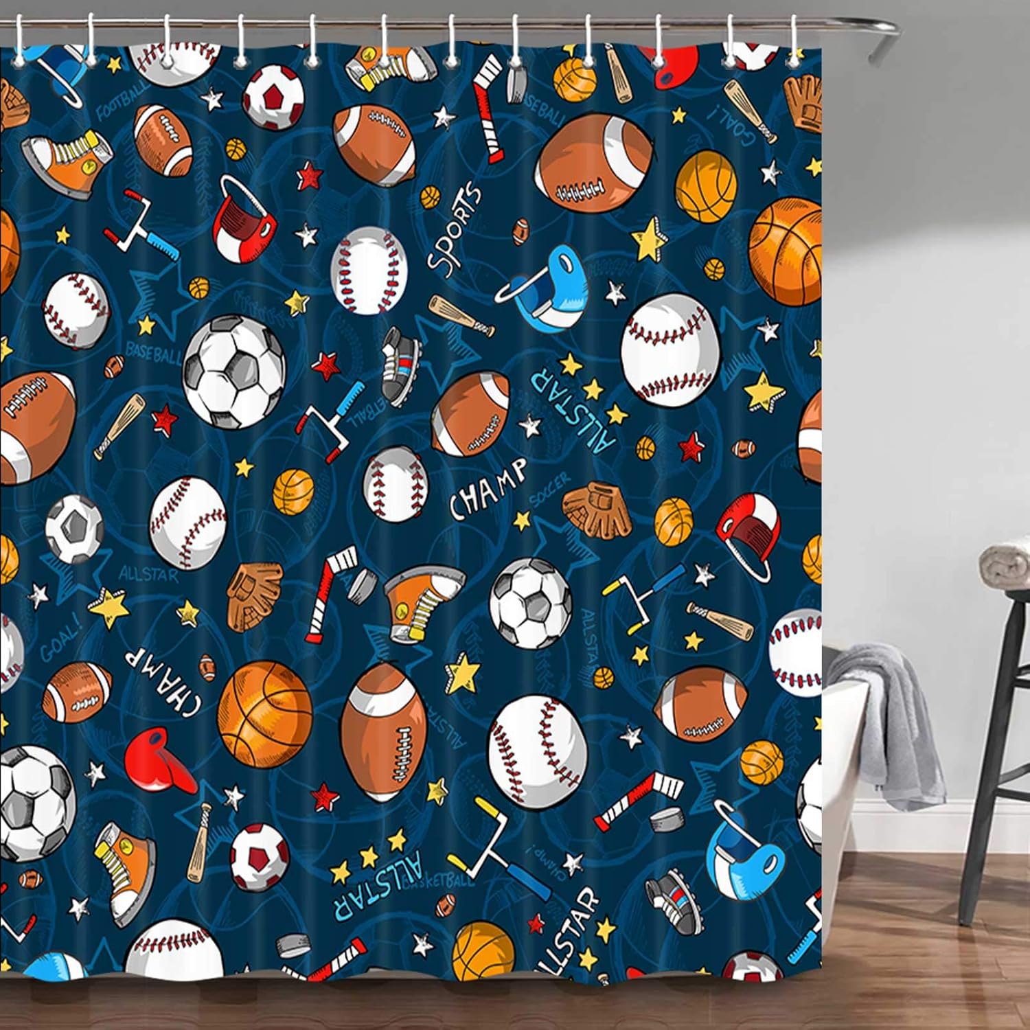 Amazon Com Sports Shower Curtain For Kids Children Teens Basketball Football Baseball Hockey Star Blue Sports Bathroom Decor Fabric Baseball Shower Curtain Hooks Include 70 In Kitchen Dining