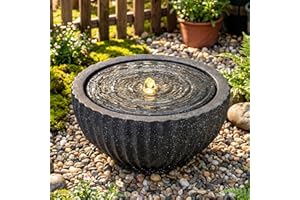 Giantex 18" Round Outdoor Water Fountain with 6 LED Lights, Stone Gray Resin Sphere Waterfall Feature with Adjustable Pump, L