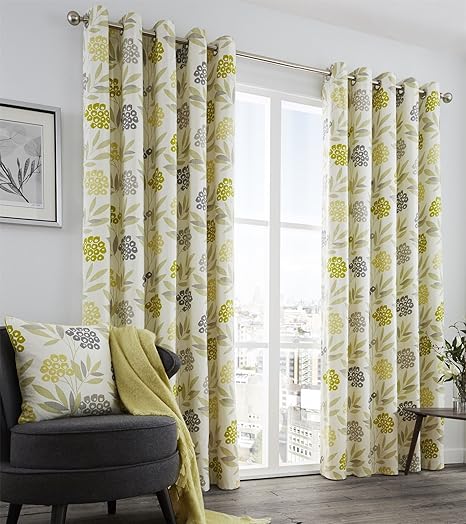 Keri Lined Eyelet Curtains 46 X 90 Lime Green Yellow Charcoal