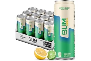BUM ENERGY BUM Sugar-Free Energy Drink, Citrus Burst - Lightly Carbonated & No Artificial Colors, Natural Caffeine & Citicoline for Energy & Focus, Brain Boost & Workout Sports Beverage - 12 oz, Pack of 12