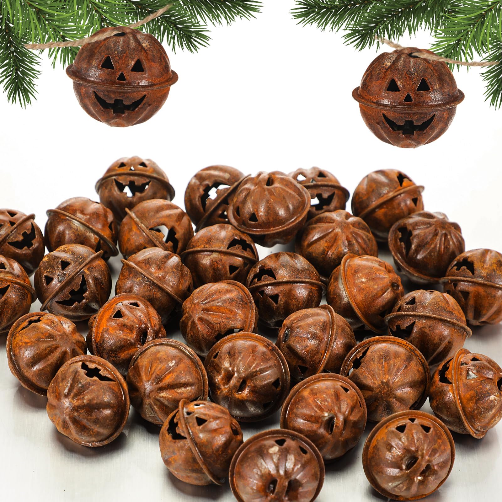 Photo 1 of *rusty* Otoolling 30 Pcs Halloween Pumpkin Rusted Jingle Bells Vintage Rustic Jack-o-Lantern Face Design Rusty Bells for Crafting Halloween Wreath Making Fall DIY Pet Collar Christmas Tree Decor(1.14 Inch)
