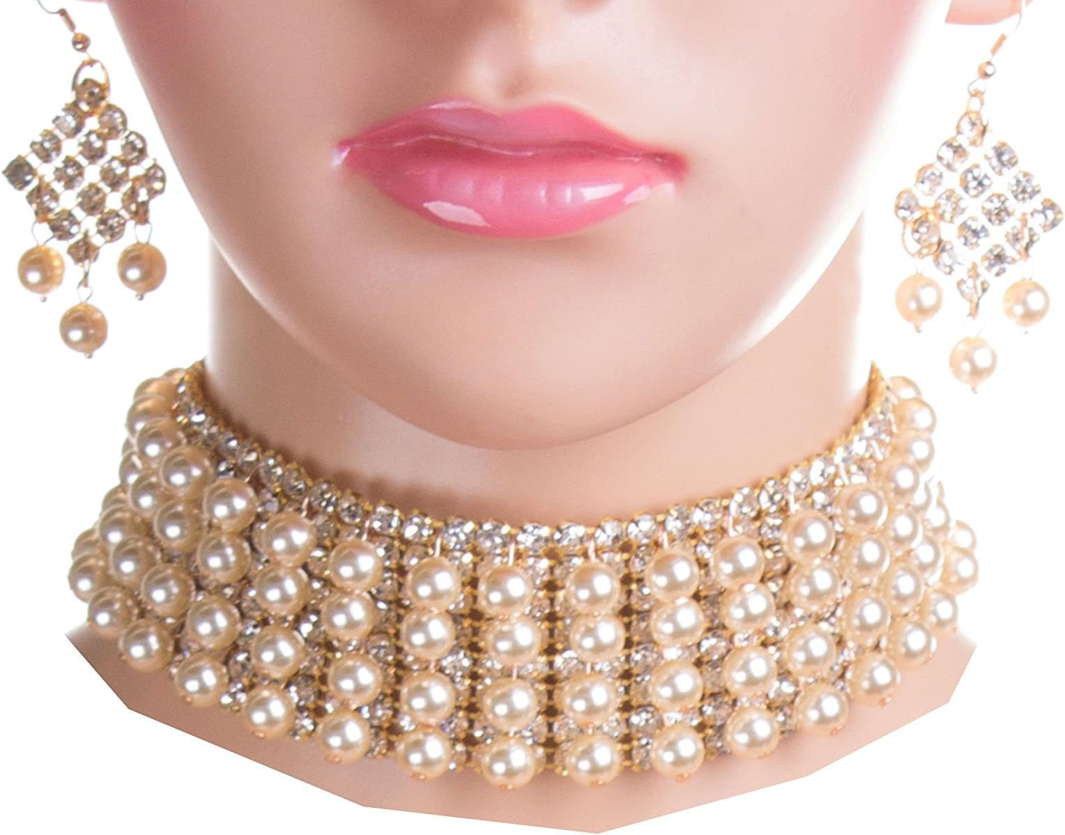 {CN1612 StyleNo1} WOMEN'S FASHIONABLE FANCY RHINESTONE N PEARL CHOKER NECKLACE AND EARRINGS SET - Designed In USA (GOLD CLEAR)