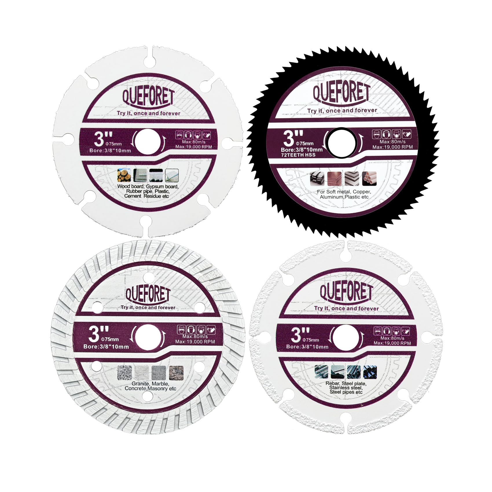 QUEFORET 75mm Saw Blades Set 4pcs - Carbide Blade for Wood Rubber, HSS Cutting Disc for Soft Metal, Diamond Concrete Cutting Disc for Masonry, Diamond Steel Blade for Rebar, with 10mm Arbor