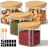 Kimqi Square Glass Jars with Bamboo Lids, 12 Fl.oz Glass Storage Jars with Airtight Lids Set of 4, Clear Pantry Canister for 