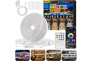 15M Outdoor RGBWW+IC LED Strip Lights, IP67 Waterproof Multi-Colored+3000K-6500K 24V LED Lights with Remote and APP, Music Sy