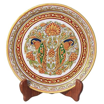 Handicrafts Paradise Peacock and Flowers Marble Round Plate with Stand (22.95 cm x 1.27 cm x 22.95 cm)
