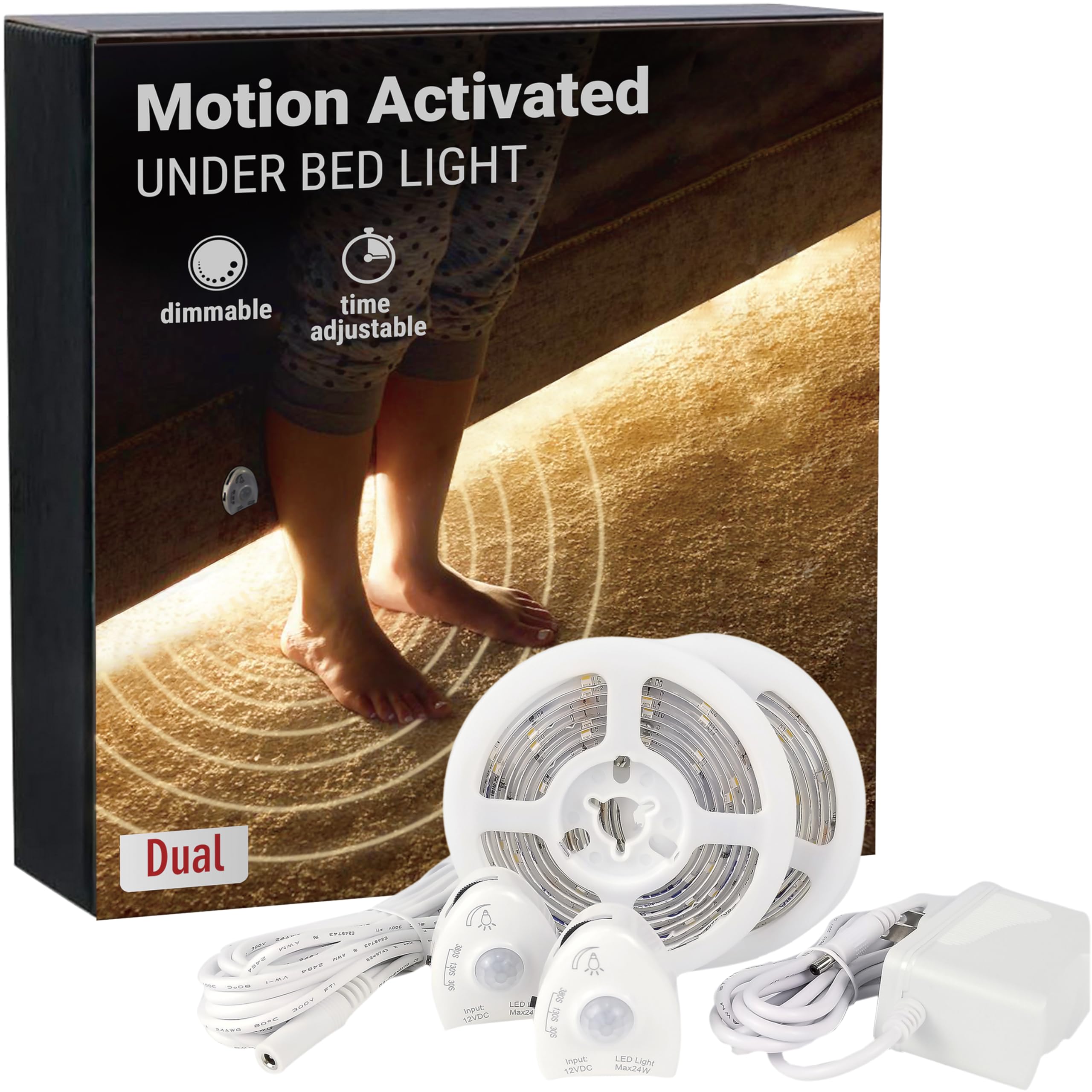 Photo 1 of illumiForce Under Bed Lights Motion Sensor, Motion Activated Bed Lighting,12V Power Adapter, Dimmable LED Strip Night Light for Bedroom,Stairs,Crib,Cabinet,Warm White -2 x 5FT -Dual Kit