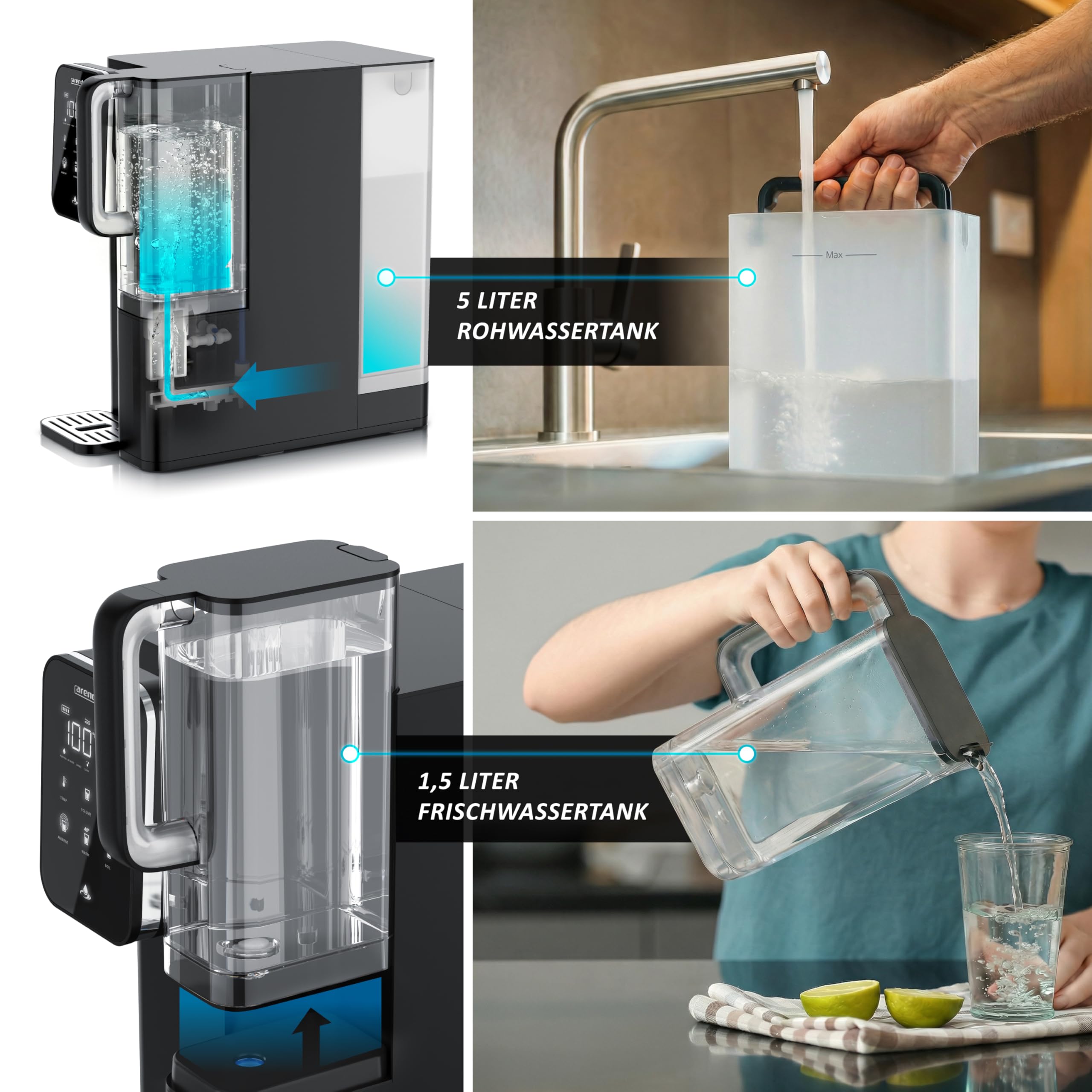 Arendo - Premium Osmoseanlage - 99,99% reines Trinkwasser - 7 stufiges Filtersystem (5+2) – Umkehrosmose/Wasserfilter – keine Installation - Auftisch Gerät – Heißwasserspender 40°C - 100°C – TDS 6