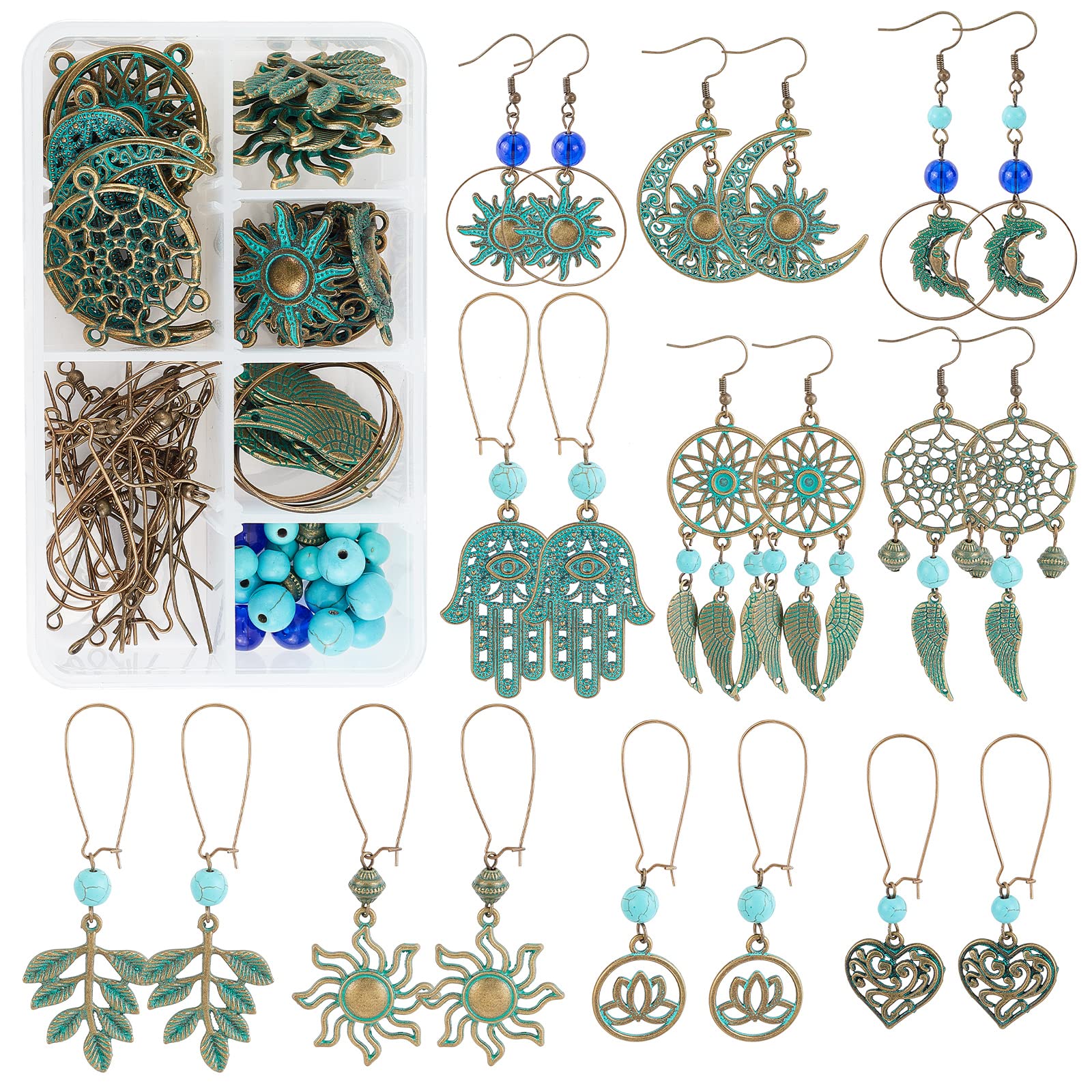 SUNNYCLUE 1 Box DIY 10 Pairs Bohemian Turquoise Vintage Dangle Earrings Making Starter Kit Retro Boho Drop Dangle Earrings Supplies Moon Sun Heart Charms for Adults Beginners Jewellery Making