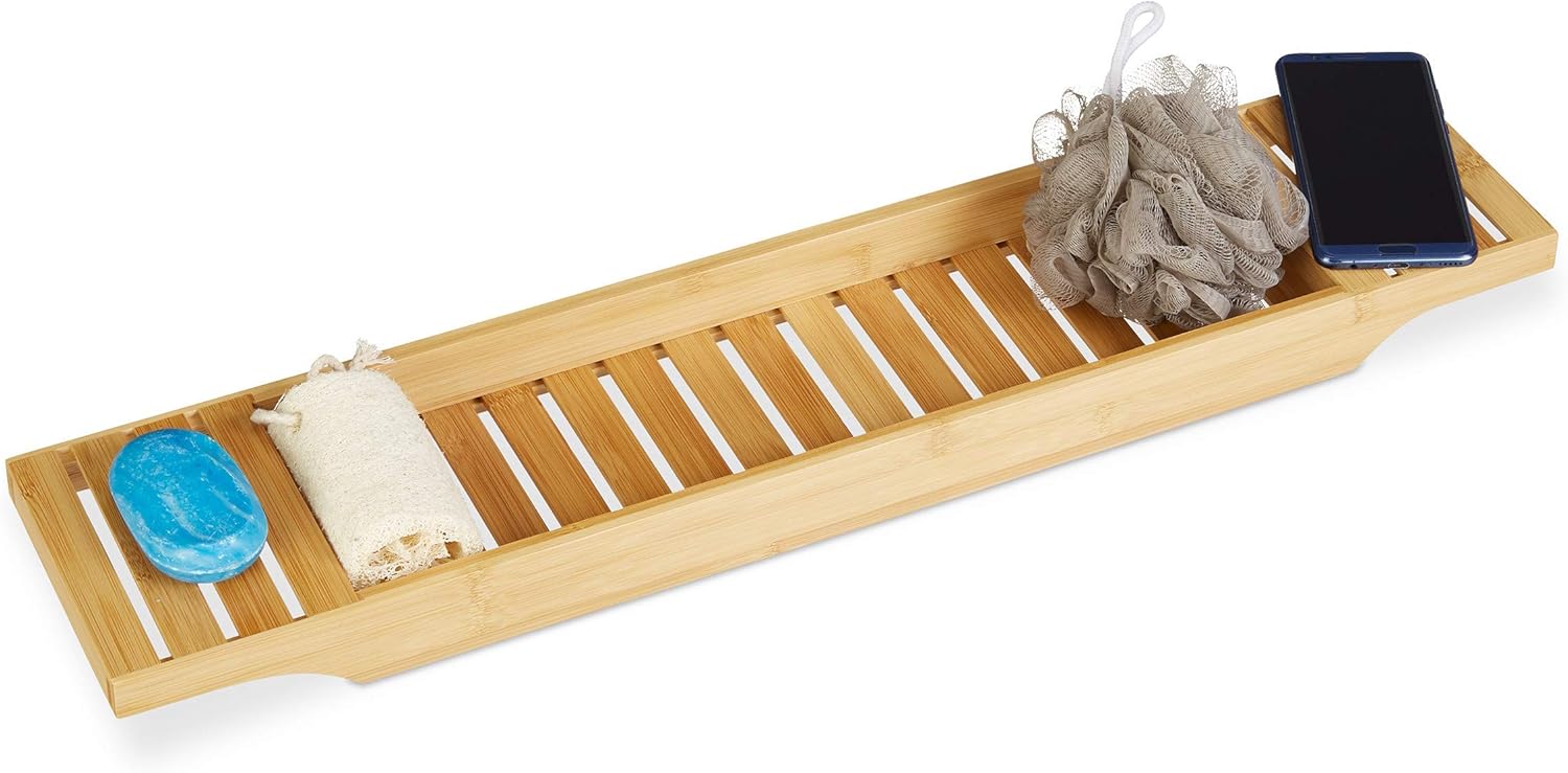 Relaxdays Bamboo Bathtub Tray with Grills, 4.5 x 68.5 x 14.5 cm, Bath Bridge, Shelf, Wood, Tub Caddy, Natural Brown