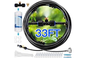 RAFOW Misters for Outside Patio with Water Filter - 33Ft(10M) Misting system Line 9 Brass Mist Nozzles Brass Adapter(3/4") Patio Misters for Cooling Outdoor Greenhouse Backyard Porch Garden BBQ Party Pool