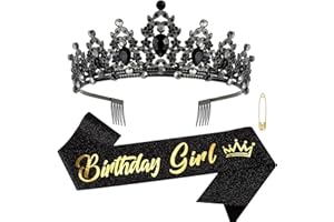 SuPoo Black Birthday Sash Birthday Crown for Women Metal Crown with Comb Glitter Birthday Girls Sash Princess Birthday Decorations Happy Birthday Decorations Gift Quinceanera Crown Party Favor