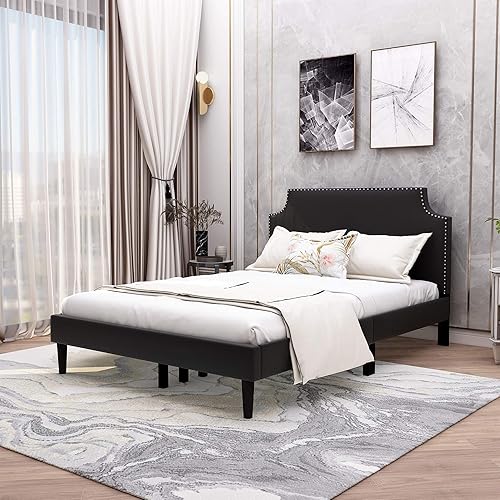 Upholstered Button Tufted Platform Bed with Headboard Strong Wood Slat Support Mattress Foundation Easy Assembly Black Full