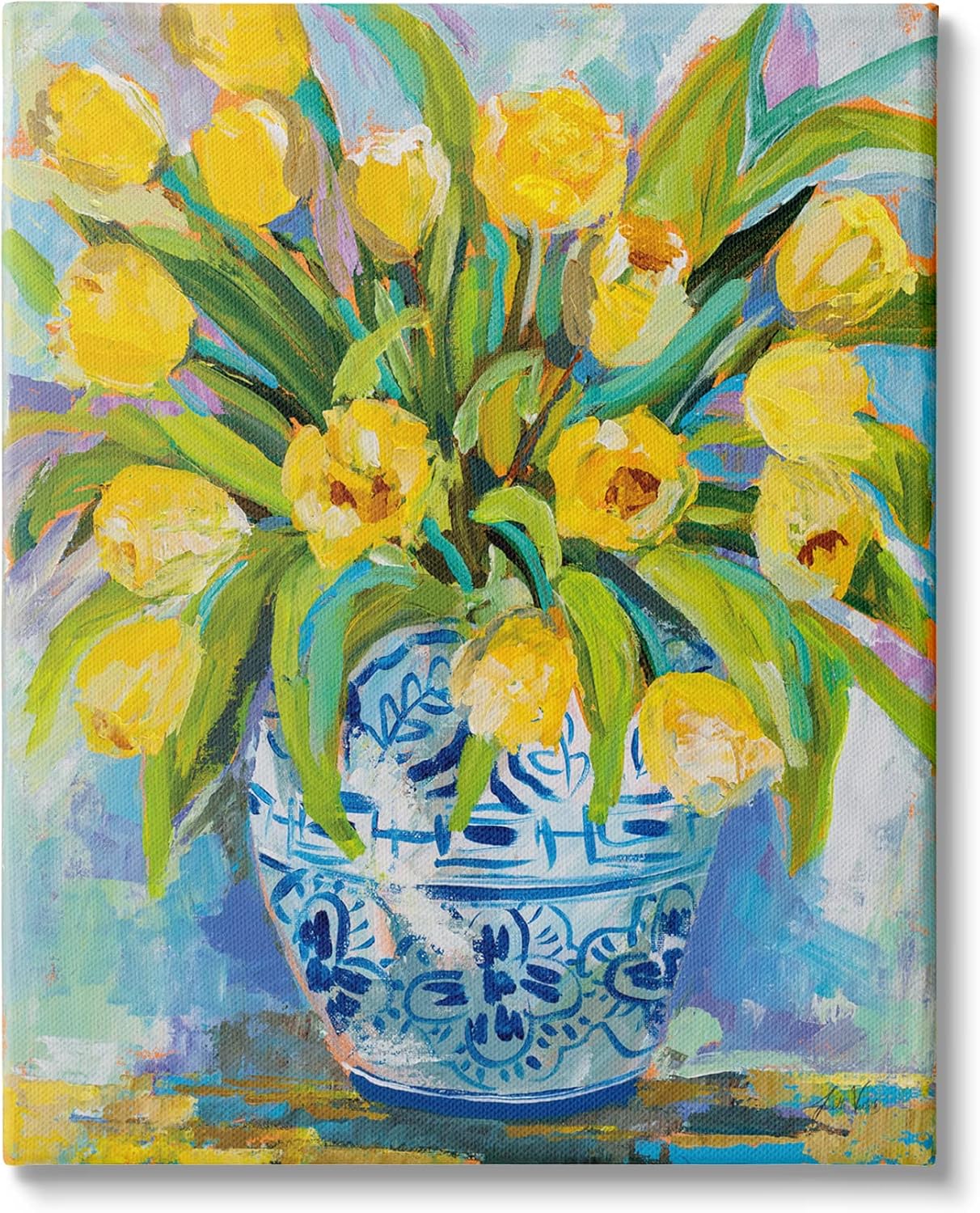 Paintings - Stupell Industries Expressive Yellow Tulips in Ornate Blue Vase Painting Canvas Wall Art, 16 x 20