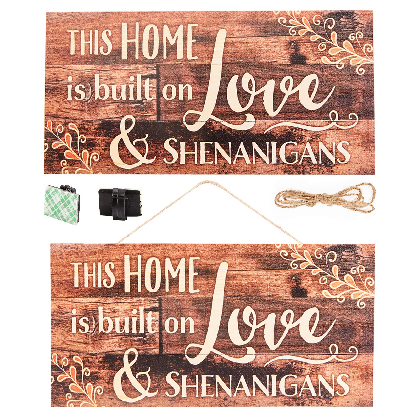 CREATCABIN This Home is Built on Love and Shenanigans Sign 5 x 10 inch Wood Plank Design Hanging Sign Rustic Wood Farmhouse Home Decor