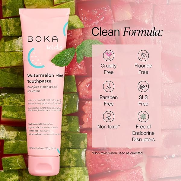 BOKA FLUORIDE FREE TOOTHPASTE NANO HYDROXYAPATITE, HELPS REMINERALIZE, APPROPRIATE FOR SENSITIVE TEETH, WHITENING – FOR ADULT, KIDS ORAL CARE – WATERMELON MINT FLAVOR, 4OZ 1PK – US MANUFACTURED