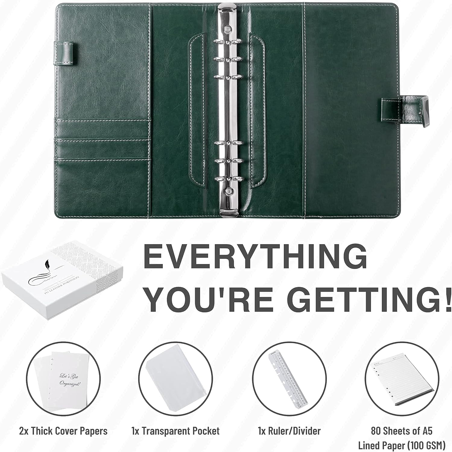QualityOrganizers A5 Portfolio & Refillable 6 Ring Binder Notebook, with PU Leather Cover for Men and Women (Green) : Office Products