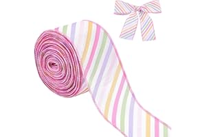 letsinstyle 2.5 Inch x 10 Yard Easter Wired Edge Ribbon, Pastel Spring Wired Edge Ribbon Horizontal Stripe Decorative Colorfu