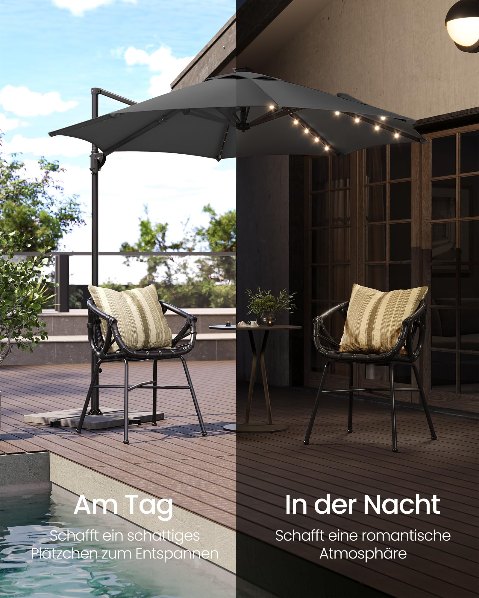 SONGMICS Sonnenschirm, Ampelschirm, 300 cm, 28 Solar-LED-Leuchten, UPF 50+, Gartenschirm, um 360° drehbar, Neigungswinkel stufenlos verstellbar, mit Kurbel, Kreuzfuß, grau GPU047G02 4