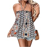 SweatyRocks Women's Boho Floral Print Backless Halter Top Summer Sleeveless Cami Tank Tops