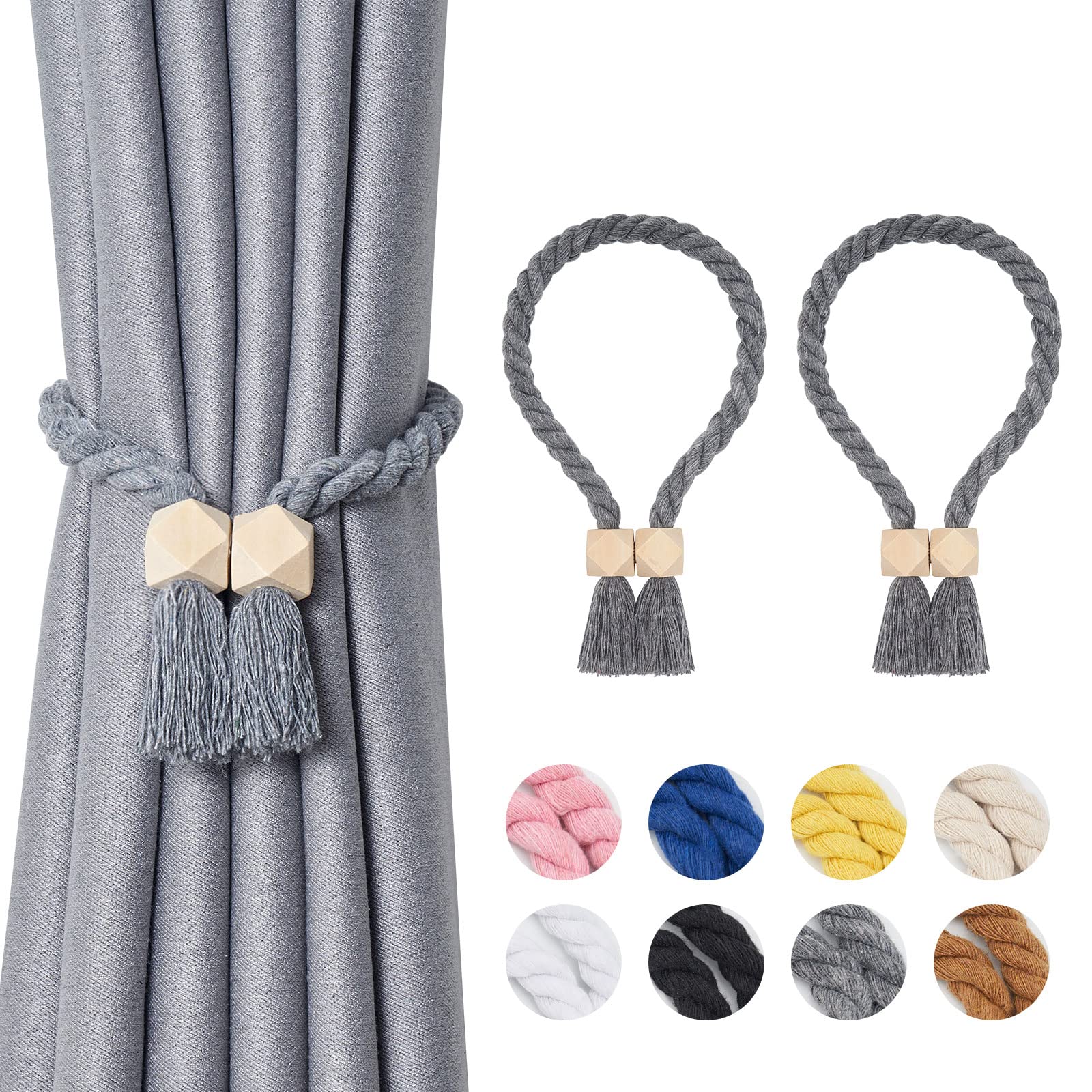 Pretty Jolly 2 Pack Wooden Polyhedron Magnetic Curtain Tiebacks Boho Home Decor Drape Tie Backs Natural Cotton Hand Woven Rope Curtain Holdbacks for Home & Office Window Draperies (Grey)