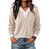 Womens Layered Sweaters Henley Neck Pullover Tops Going Out Basic Outfits | ETCYY NEW, 2 in 1 Faux Layer Top, V Neck, Contrast Color, Loose Fit Sweater, Business Casual Teacher Wear,Basic Clothe