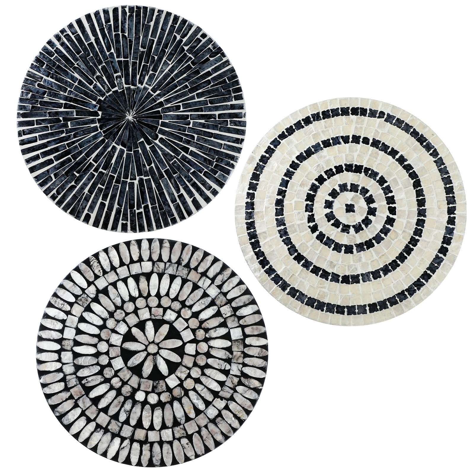Photo 1 of Tioncy 3 Pcs 3 Pcs 11.8 Inches Mother of Pearl Shell Plate Coastal Wall Art Mosaic Wall Sculpture Shell Handmade Hanging Plates Arts for Halloween Christmas Bedroom Bathroom Home Office Hotel(Black)