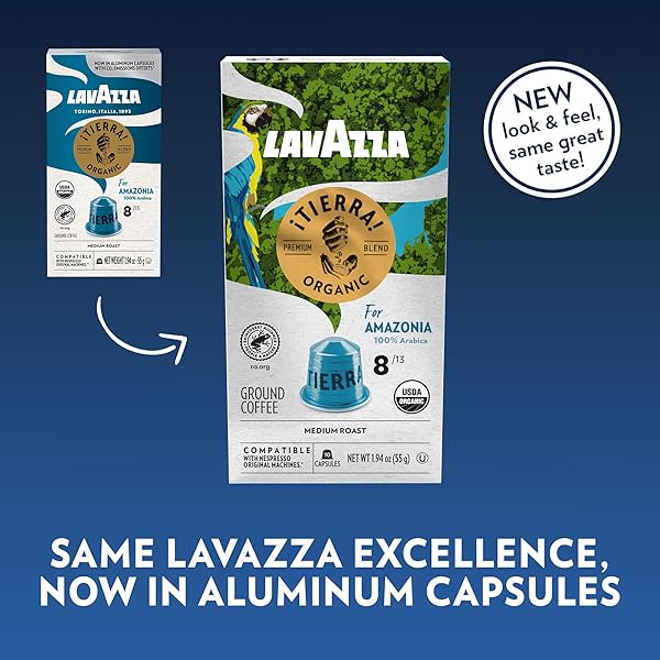 LAVAZZA TIERRA AMAZONIA USDA ORGANIC ESPRESSO ALUMINUM CAPSULES COMPATIBLE WITH NESPRESSO ORIGINAL MACHINES (PACK OF 60) ,VALUE PACK, MEDIUM ROAST 100% ARABICA, ROUND & BALANCED, NOTES OF CHOCOLATE & CARAMEL, INTENSITY 8 OF 13