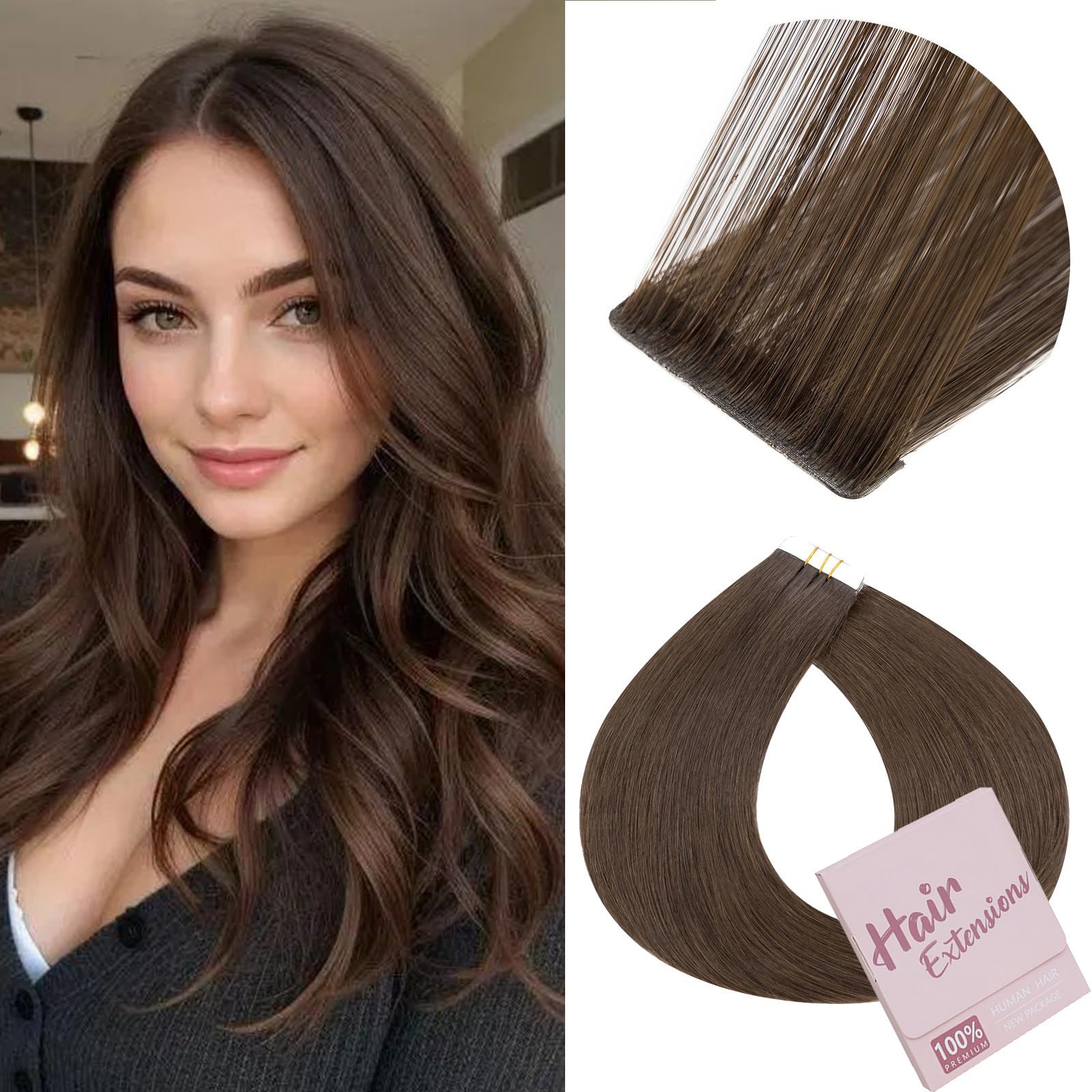 Elailite Injected Tape in Hair Extensions Human Hair - Invisible Skin Weft Remy Natural Real Hair Extension Straight 10 Pcs 20g - #2Y Dark Brown - 12 Inch — image 1