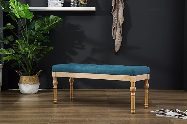 Roundhill Furniture Habit Solid Wood Button Tufted Dining Bench, Blue