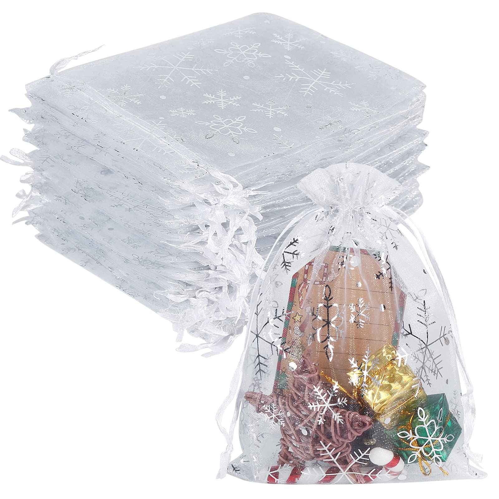 YQL 100Pcs Christmas Organza Bags Medium 13X18cm, Organza Gift Bags White Snowflake with Drawstring for Jewelry Candy Makeup Bracelet Packing, Christmas Drawstring Gift Bags, Festival Treat Bags