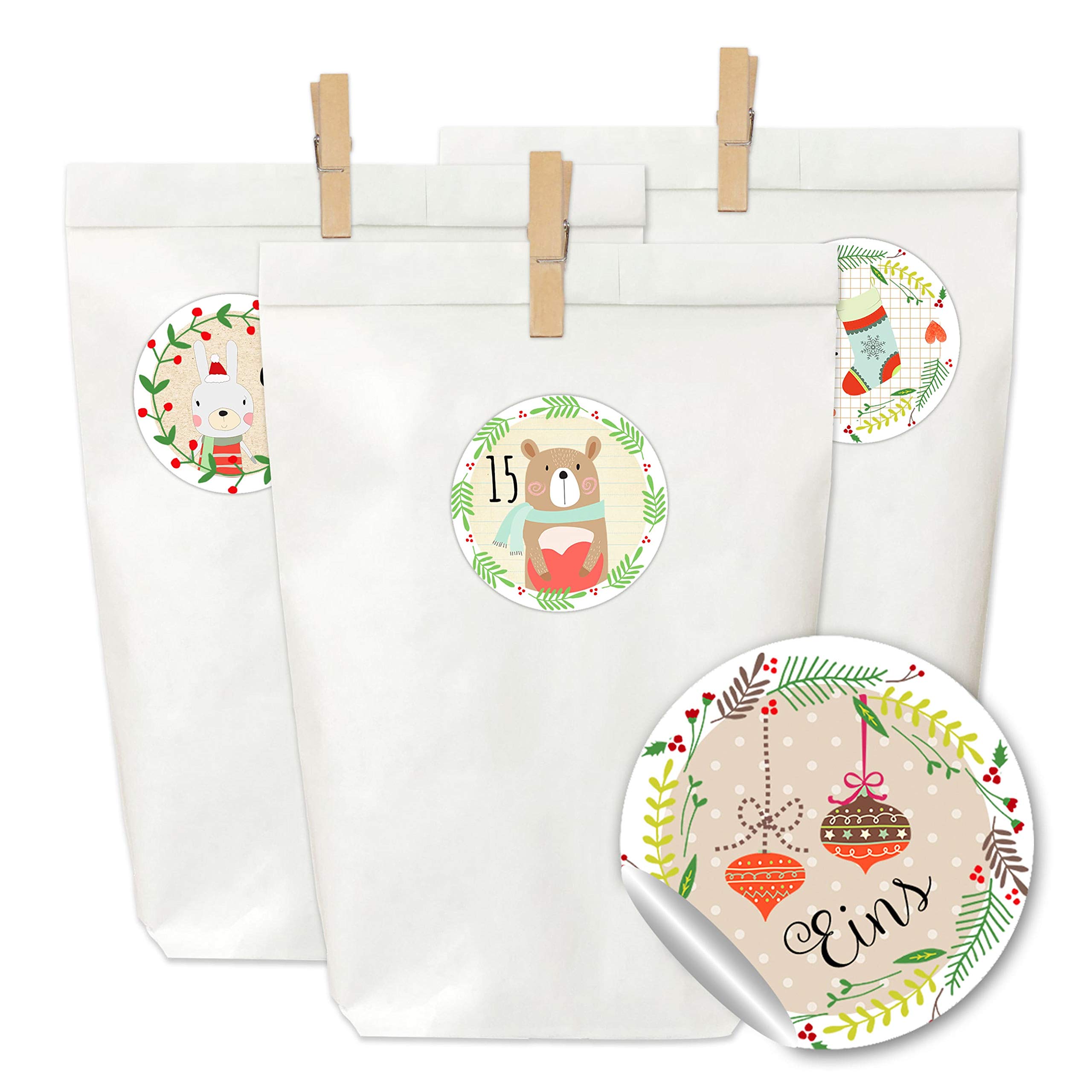 Papierdrachen Advent Calendar for filling - 24 paper bags with stickers and 24 wooden brackets - motif Christmas in forest - 22