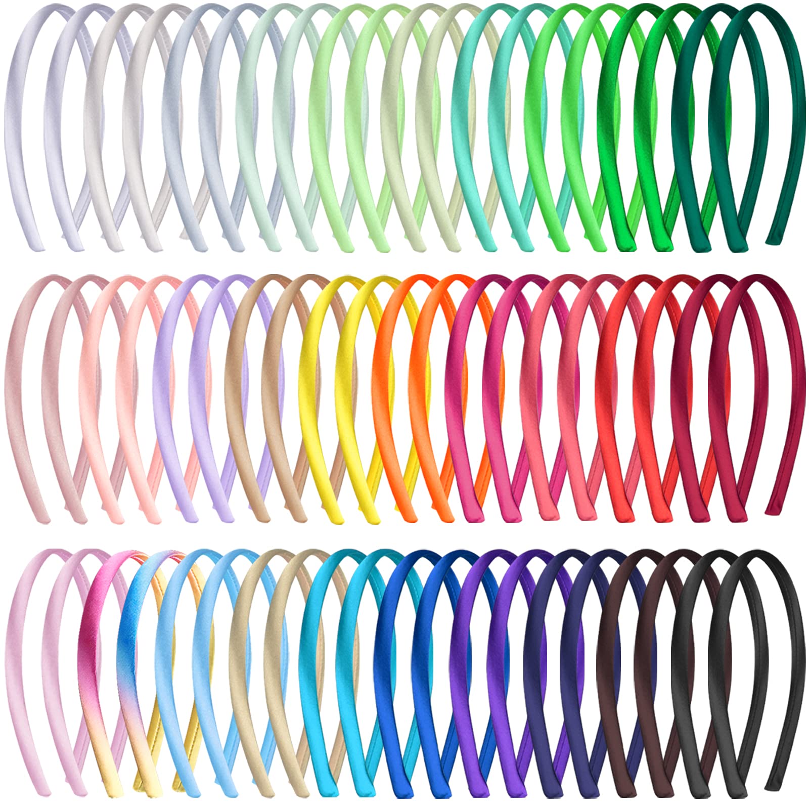 Duufin 60 Pieces Satin Headbands 1cm Plain Headbands Colourful Satin Covered Headband Craft DIY Headbands for Girls Women, 30 Colours
