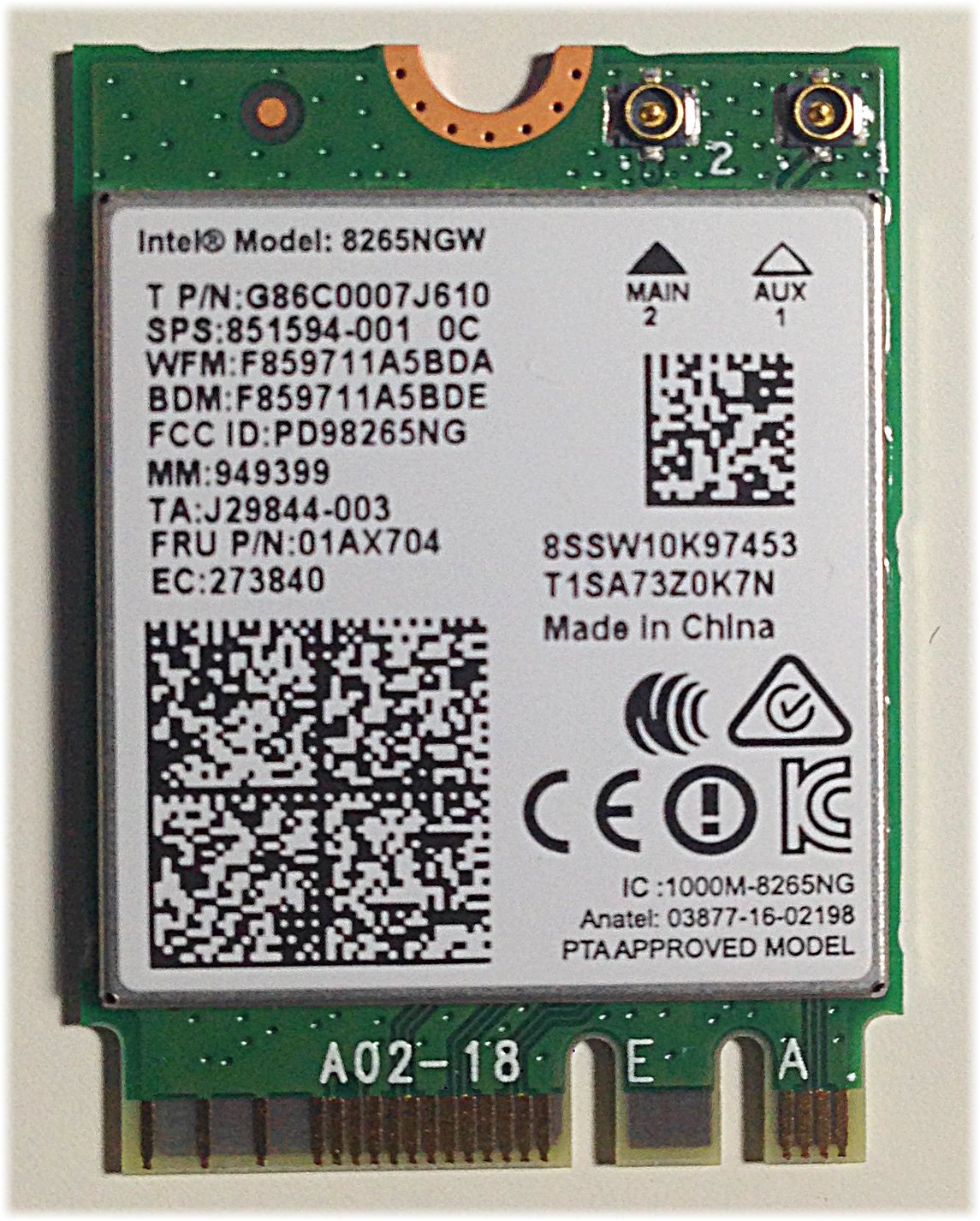 Intel Dual Band Wireless-AC 8265NGW, 2230, 2x2 AC + BT, Vpro