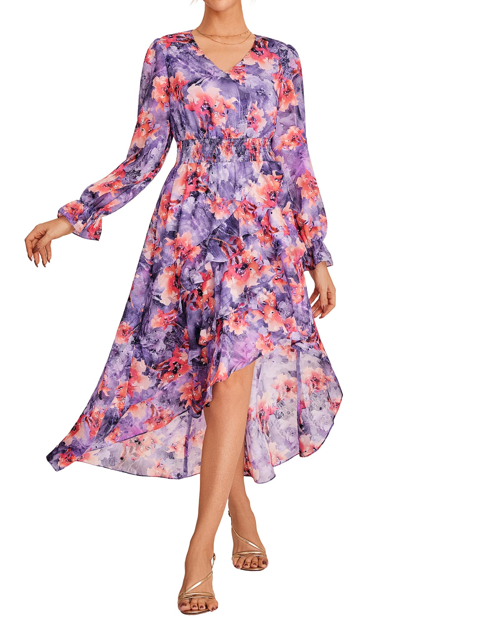 Photo 1 of GRACE KARIN Fall Long Sleeve Dress Flower Print, Boho Maxi Dress, Floral Chiffon Dresses High Low Hem for Party Club Purple Red Floral Size S