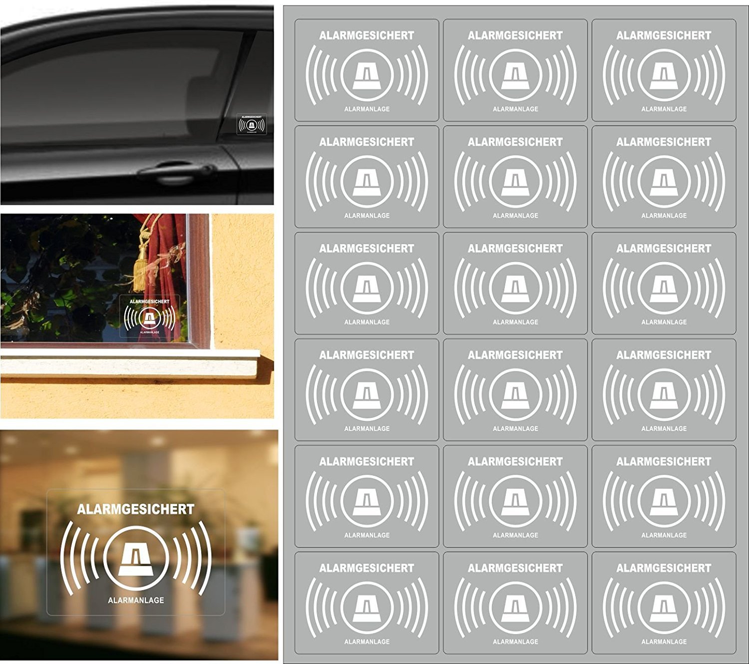 AufkleberDealer.de Pack of 18 Alarm System Stickers, White, Transparent Vinyl, Waterproof, UV-Resistant, for Glass, Metal, Walls, Doors