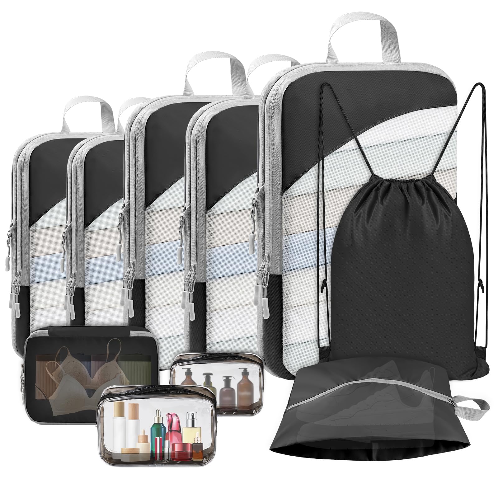 Photo 1 of 10 Set Compression Packing Cubes, Lightweight Travel Essentials, Stretchable Expandable Storage Bags, Compression Bags for Travel Accessories Luggage Storage Set (10 Pcs, Black)