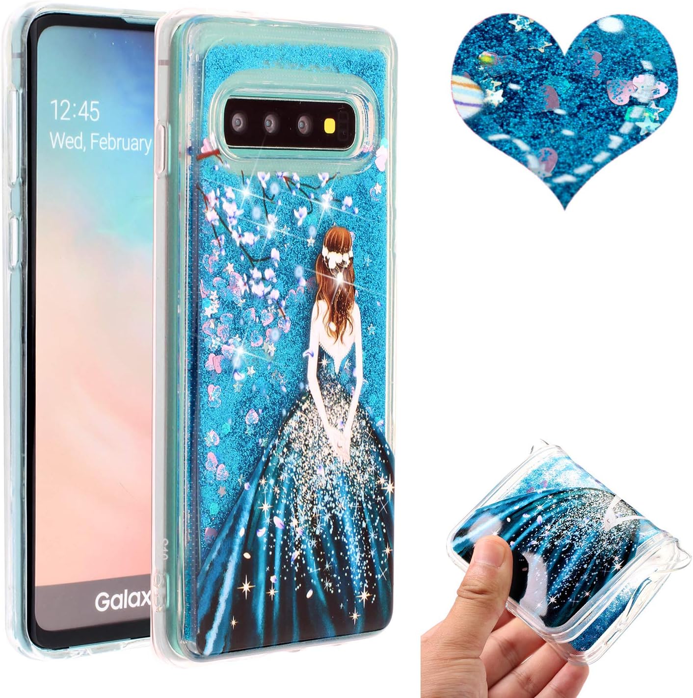 Nadoli Liquid Case for Galaxy S10e,Cute Funny Girl Flower Design Flowing Glitter Hearts Transparent Soft Silicone Shockproof Back Protective Case Cover for Samsung Galaxy S10e