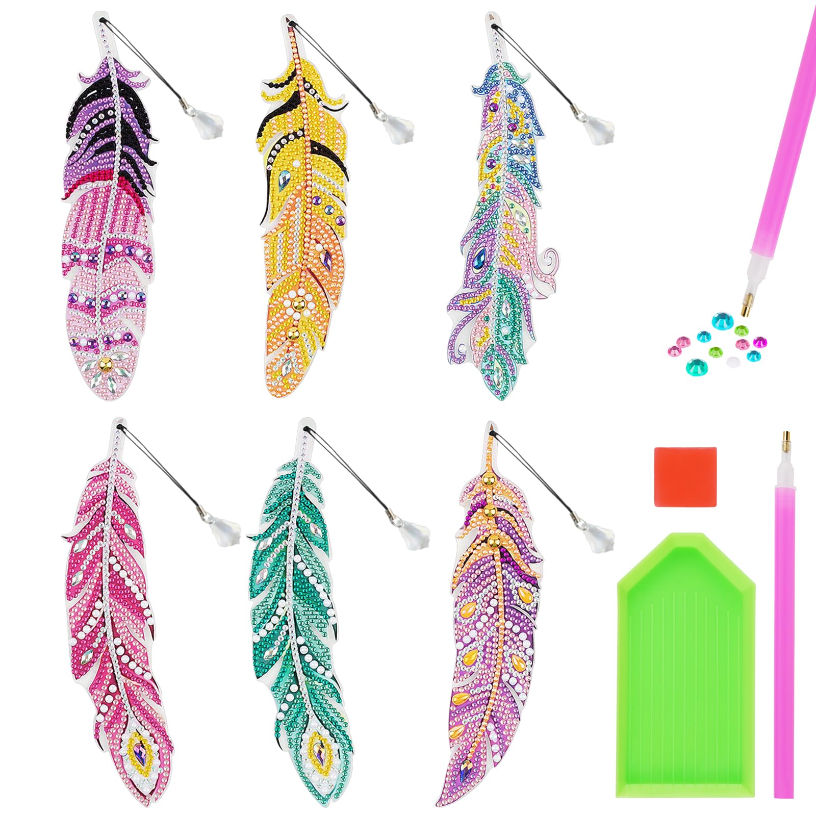 AUAUY 6 PCS Diamond Painting Bookmarks, 5D DIY Feather Diamond Art Painting Bookmarks Keychain Christmas Hanging Diamond Art Kits Diamond Art Christmas Ornaments for Kids Crafts Decor Bookmarks DIY