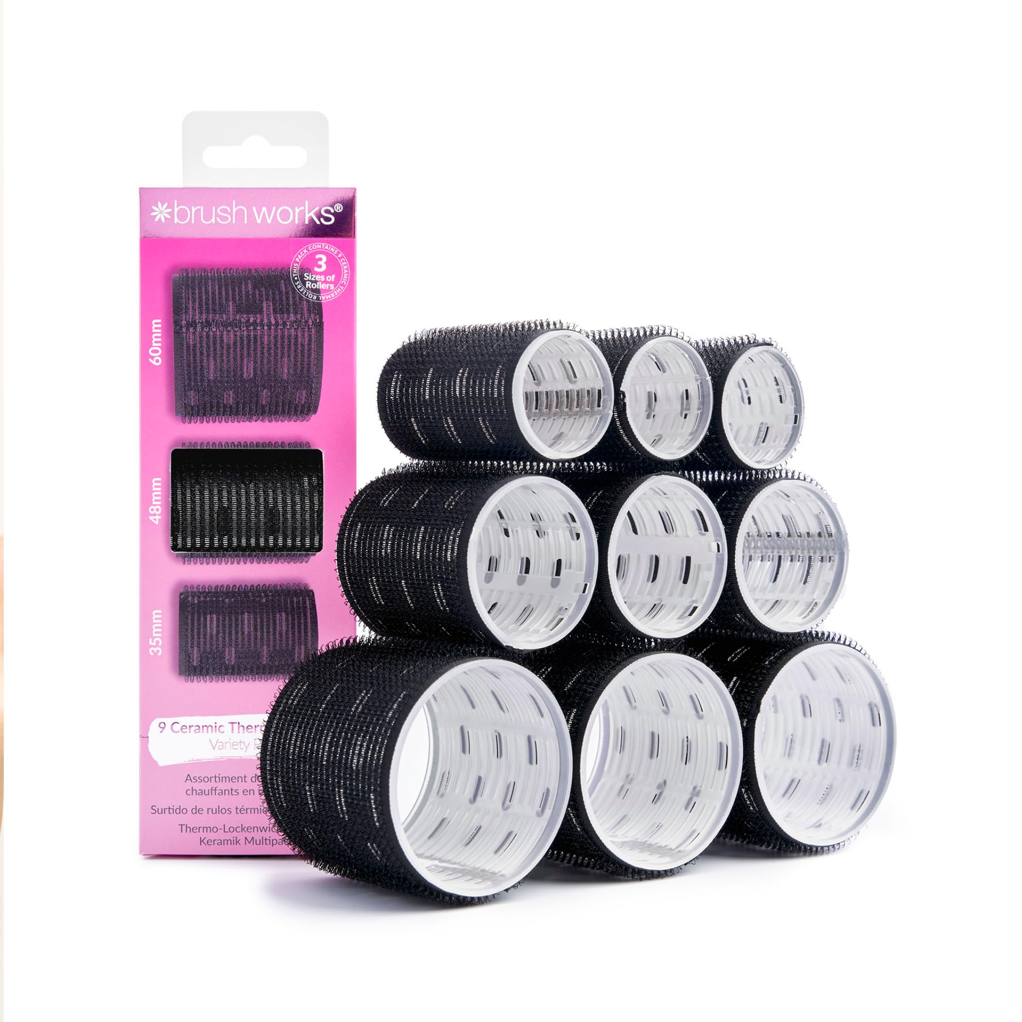 Brushworks Ceramic Thermal Hair Rollers – 9 Pack Assorted Sizes (60mm, 48mm, 35mm), Small, Medium & Large Heat Retaining Rollers for Voluminous, Bouncy, Long-Lasting Curls and Waves