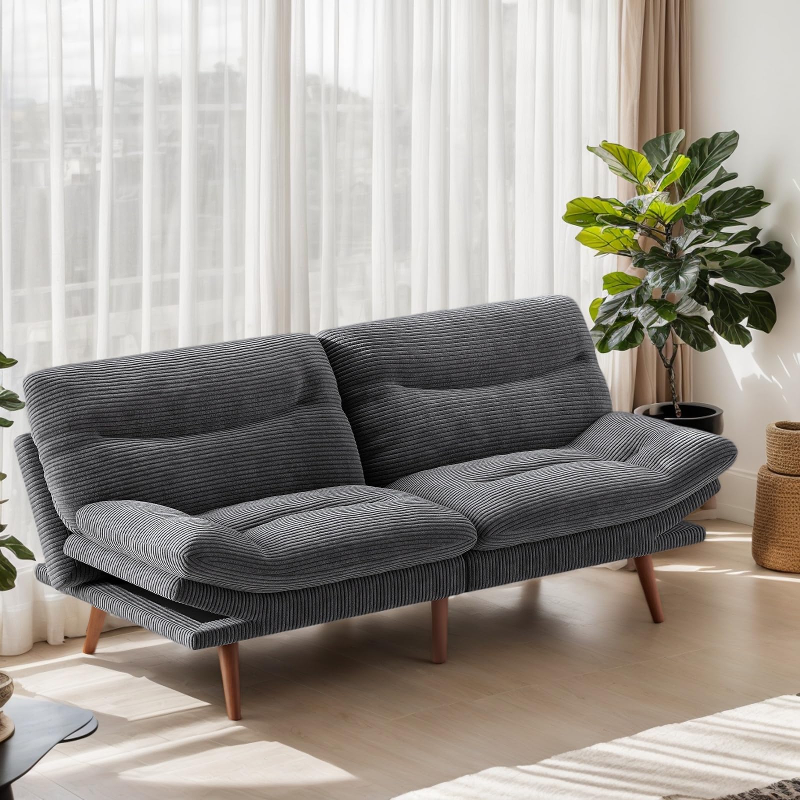 Photo 1 of ***BASE FRAME ONLY, NO LEGS, CUSHION***Marsail Futon Sofa Bed, 66” Futon Couch with Adjustable Backrest & Armrests, Convertible Small Sleeper Sofa Bed for Small Apartments, Study Room, Office, Corduroy Loveseat, Grey