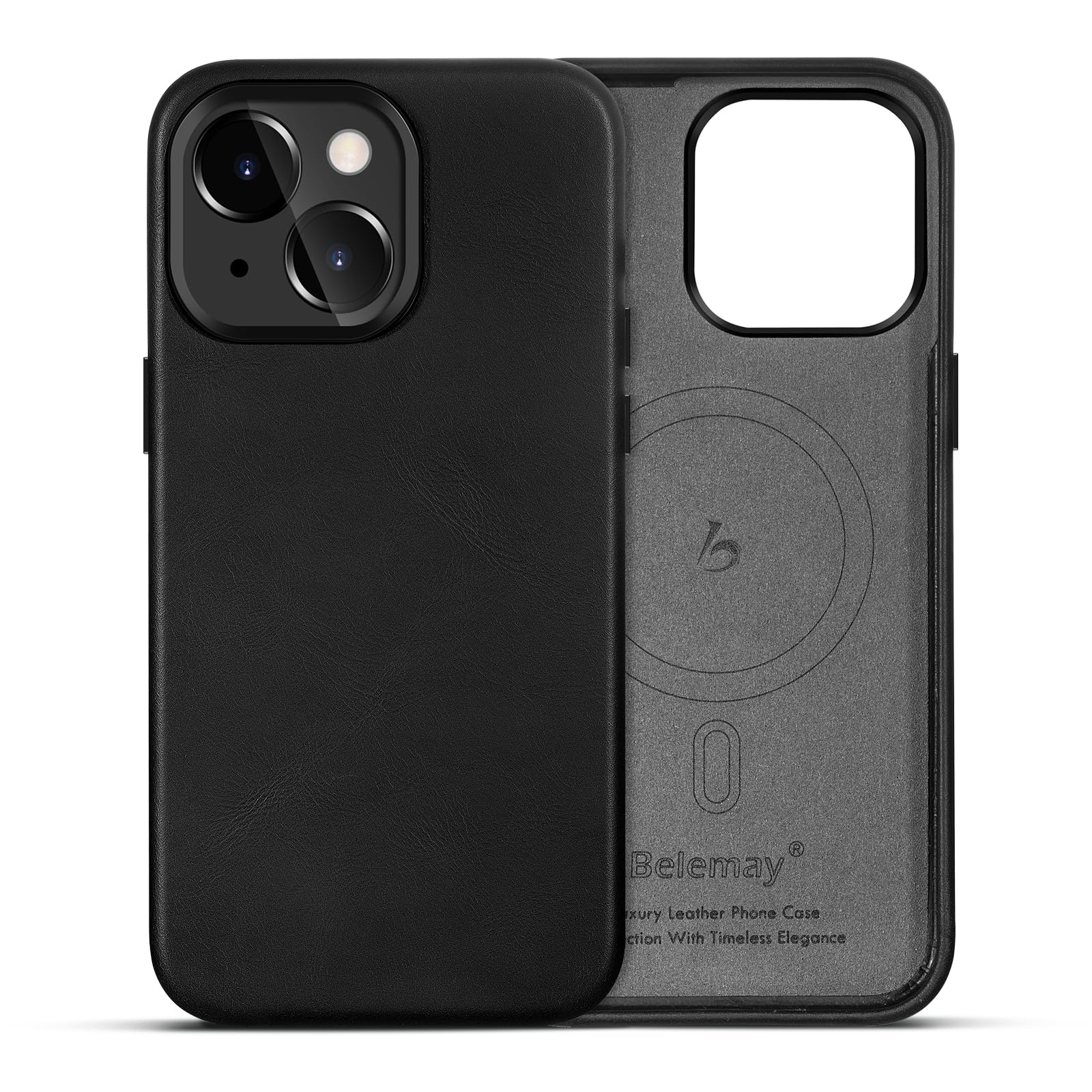 Belemay Compatible with iPhone 15 Leather Case, Compatible with MagSafe, Premium Full-Grain Vegetable-Tanned Leather [Luxury & Classy] Rich Patina, Secure Grip, Metal Buttons Cover (6.1") Black
