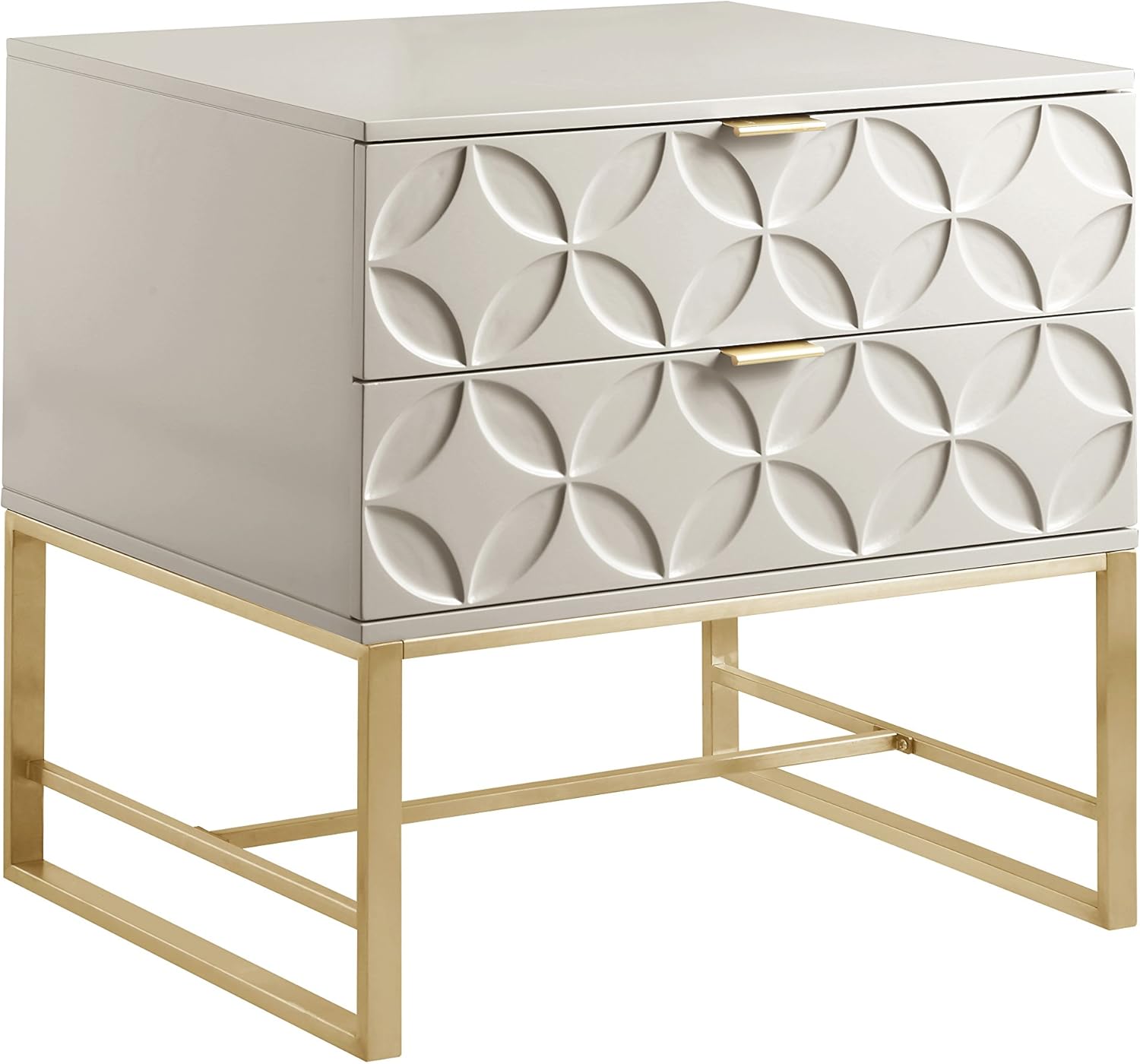 Modern Contemporary Iconic Home Prato Nightstand Side Table Mirror Glass Top With 3 Self Closing Lacquer Drawers Brass Finished Stainless Steel Frame Base Beige Utility Tables