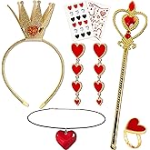7Pcs Halloween Queen of Hearts Costumes for Women Crown Headband Heart Scepter Wand Earring Necklace Ring Tattoo Sticker for Party Accessories